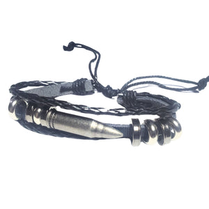 Bratara Barbateasca din Piele si Otel Inoxidabil pentru Domni Barbati Reglabila Impletita cu 3 Siruri Charm Bullet Glont Black Pistol Accesorii