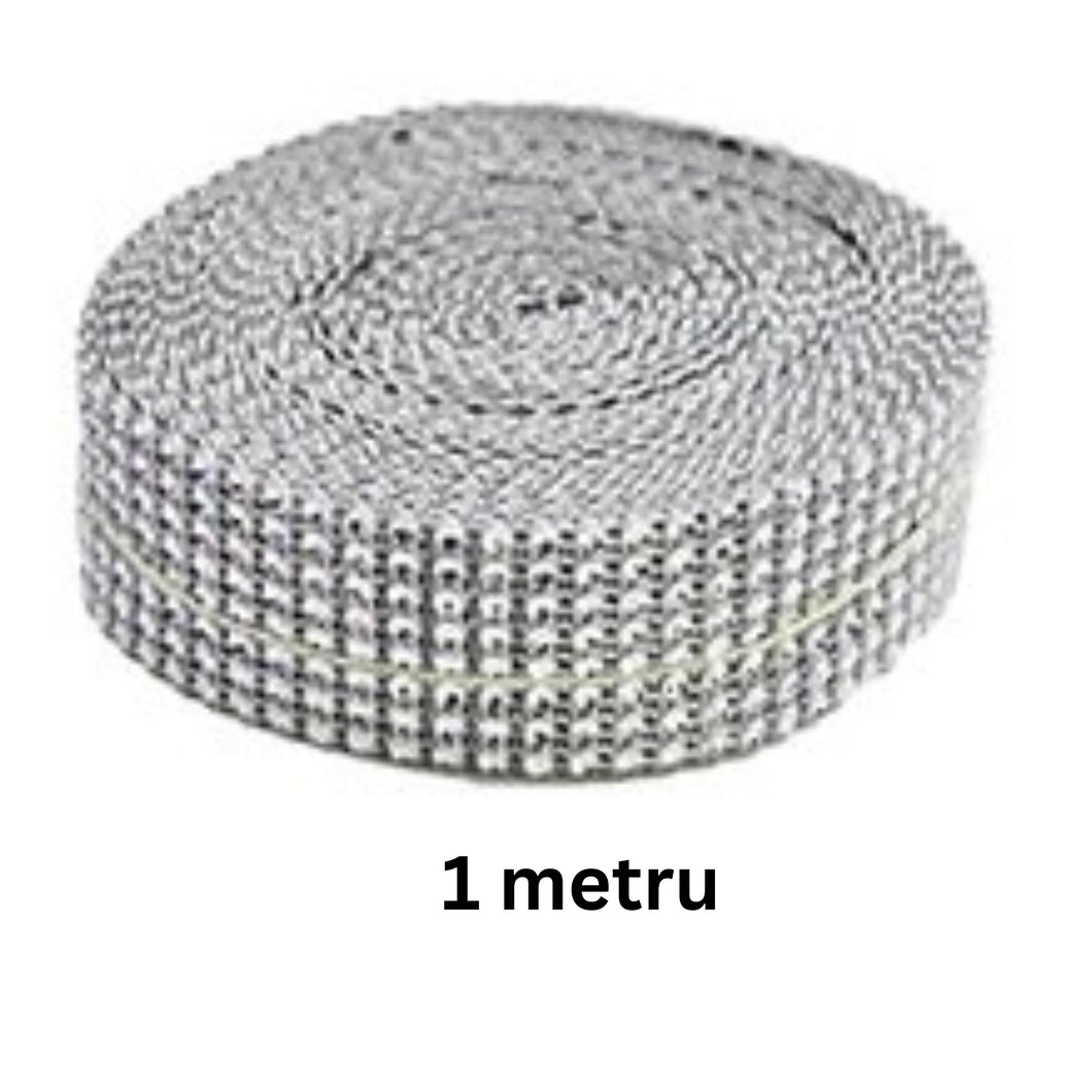 Banda Panglica cu Strasuri Decorativa de Lipit Aplicat din Acril 6 Siruri Rhinestones Argintiu Silver Gri 1 m