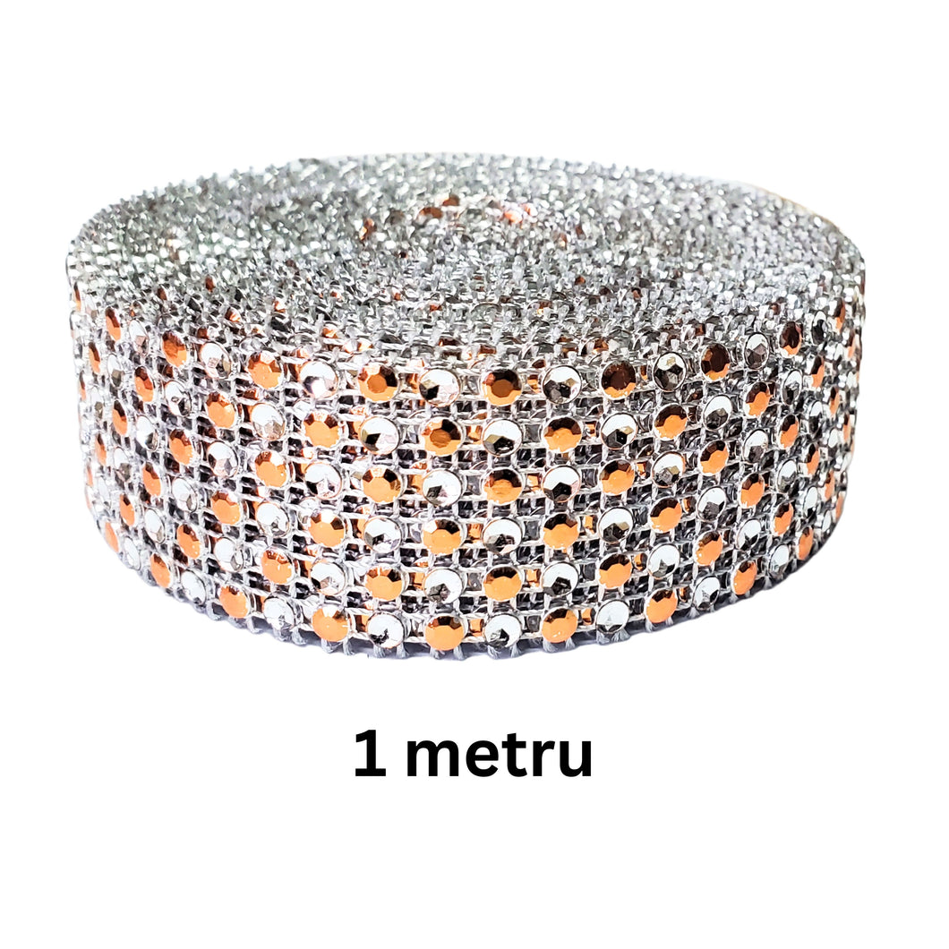 Banda Panglica cu Strasuri Decorativa de Lipit Aplicat din Acril 6 Siruri Rhinestones Argintiu-Bronz 1 m 100 cm