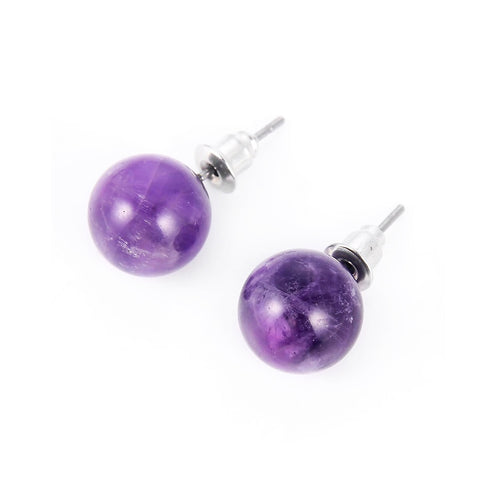 Cercei Butoni Rotunzi din Piatra Semi-Pretioasa Ametist Purple 6 mm Bila Sferici Margele Cabochon