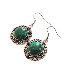 Încărcați imaginea în Galerie, Bijuterii Set de Cercei Atarnatori Cabochon Rotund din Piatra Semipretioasa Malachit Verde-Negru Filigran cadou doamne femei 18x18 mm