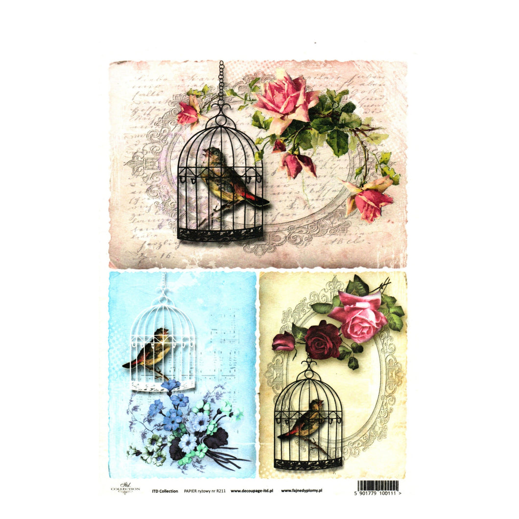 Hartie de Orez A4 pentru Tehnica Decoupage de Servetel Hobby Craft Handmade Colivii Vintage cu Pasari A4