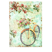 Încărcați imaginea în Galerie, Hartie de Orez A4 pentru Tehnica Decoupage de Servetel Hobby Craft Handmade Flori pe Bicicleta Retro A4