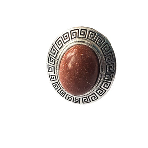 Bijuterie Inel Reglabil cu Pietre Semi-Pretioase Cabochon Oval din Argint Tibetan si Piatra Soarelui Maro 15x18 mm Caboson