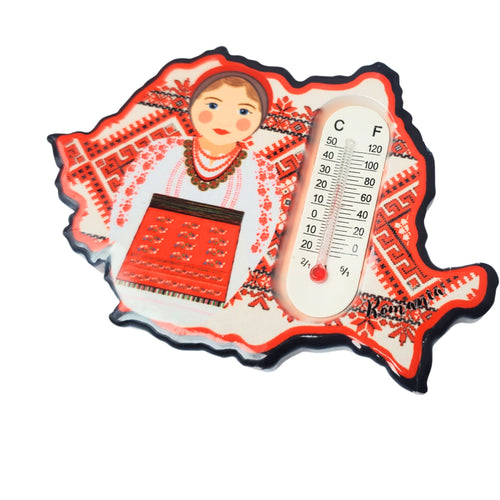 Magnet Decorativ de Frigider Cu Motive Traditionale cu Termometru Suvenir din Ceramica Tarancuta cu Naframa Rosie Romania Costum Popular