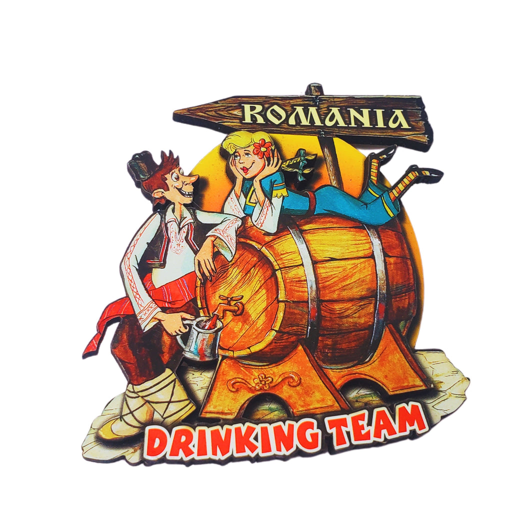 Magnet Decorativ de Frigider Cu Motive Traditionale Pereche Tarani Romania Butoi Drinking Team