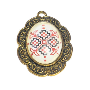 Pandantiv Bijuterie cu Motive Traditionale Taranesti Populare Oval Auriu Pasari Cabochon 18x25 mm Traditionala