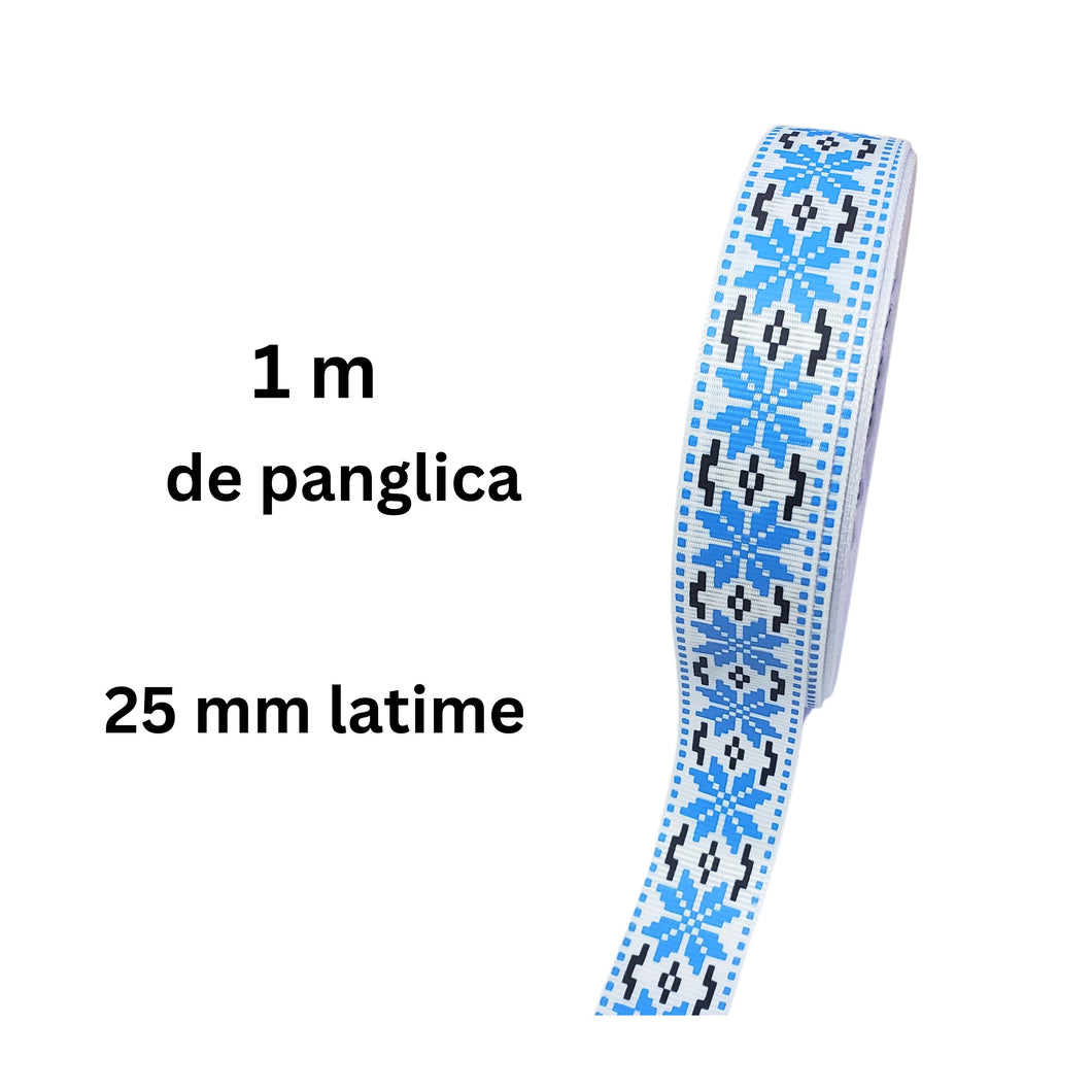 Banda Panglica Decorativa cu Motive Traditionale Etnice Taranesti Fulg Stea Albastru-Negru 25 mm