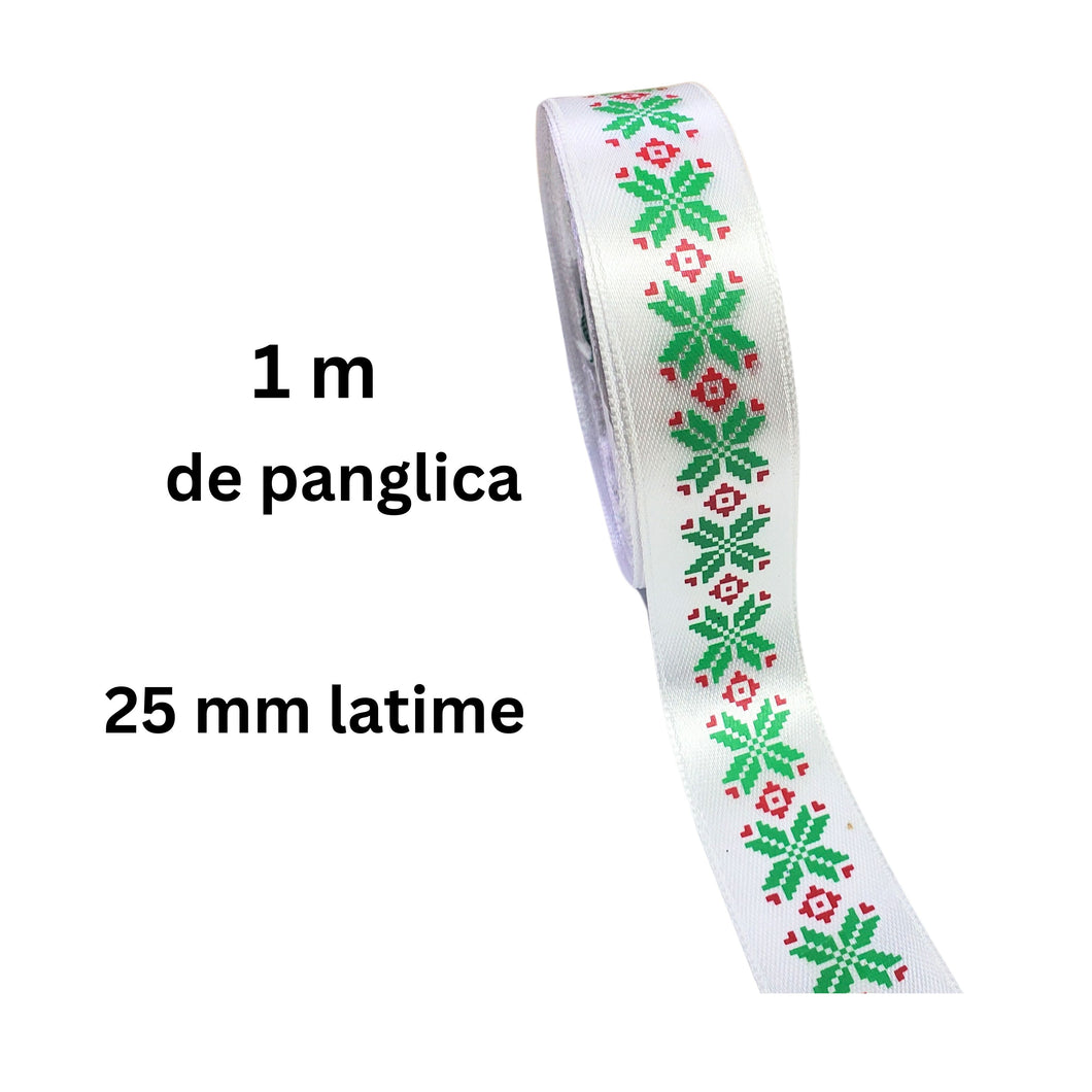 Banda Panglica Decorativa cu Motive Traditionale Taranesti de Cusut Cruce Stea Verde-Rosu 25 mm