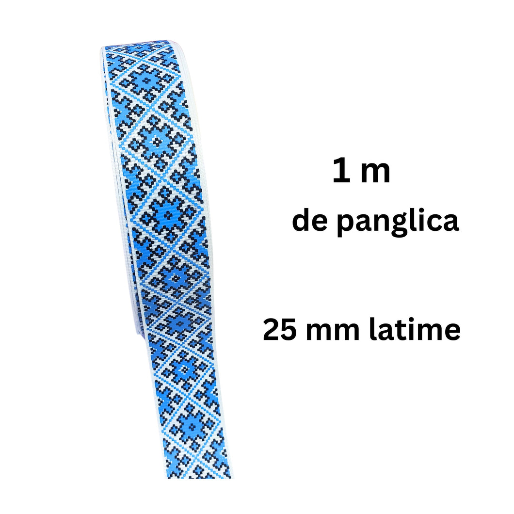 Banda Panglica Decorativa cu Motive Traditionale Etnice Taranesti Carpeta Albastra-Neagra 25 mm