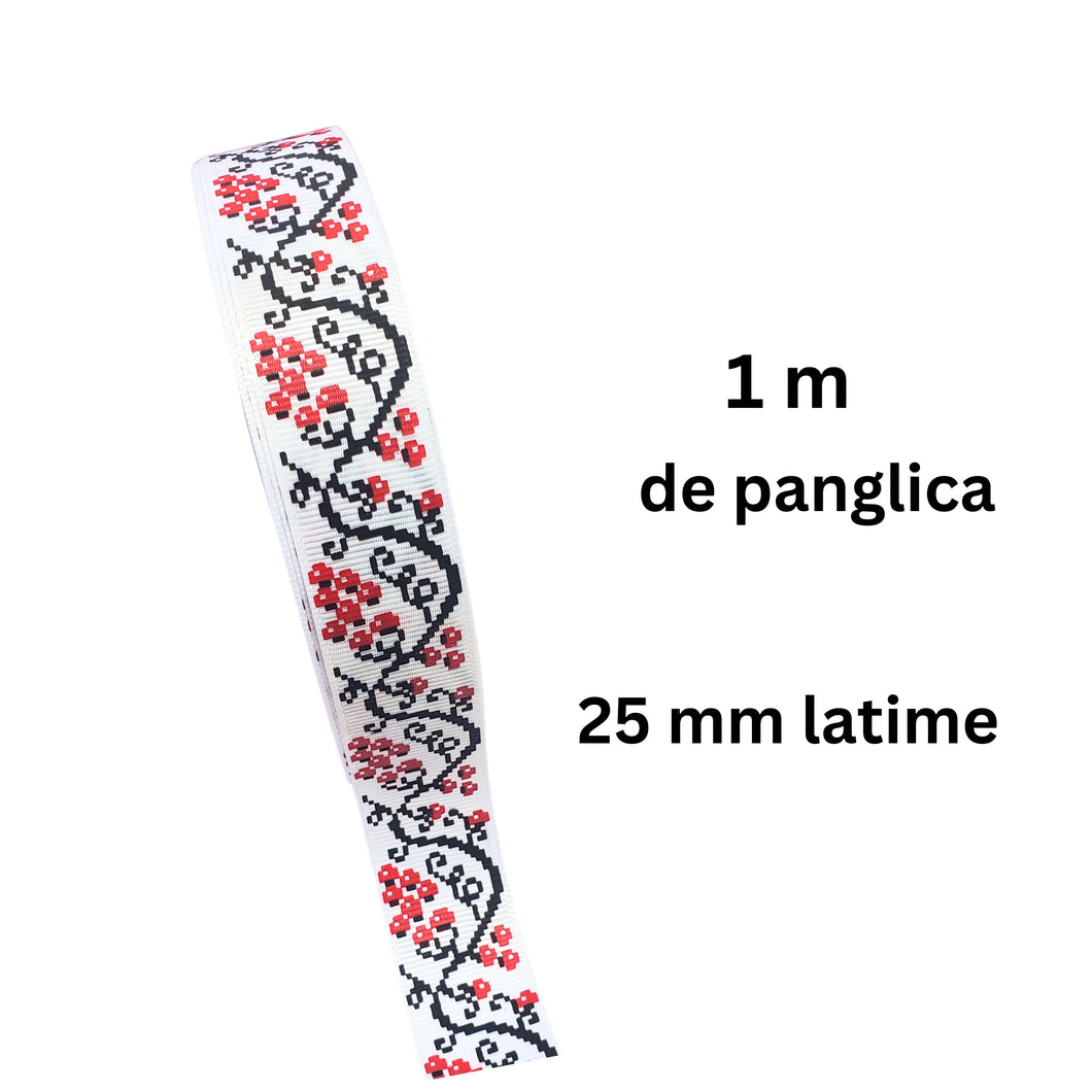 Banda Panglica Decorativa cu Motive Traditionale Etnice Taranesti Struguri Vita de Vie Negru-Rosu 25 mm