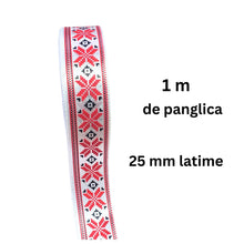 Încărcați imaginea în Galerie, Banda Panglica Decorativa cu Motive Traditionale Etnice Taranesti Stea Rosu-Negru cu Bordura 25 mm