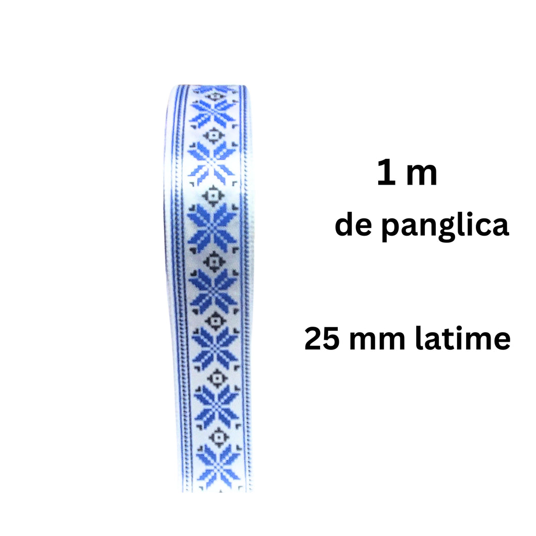 Banda Panglica Decorativa cu Motive Traditionale Taranesti de Cusut Cruce Stea Albastru-Negru cu Bordura 25 mm