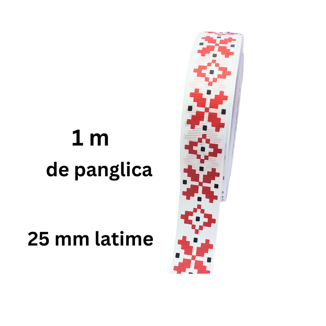 Banda Panglica Decorativa cu Motive Traditionale Etnice Taranesti Fulg Stea Romb Rosu-Negru 25 mm