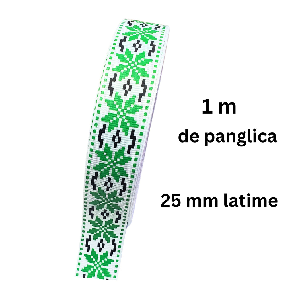 Banda Panglica Decorativa cu Motive Traditionale Etnice Taranesti Fulg Stea Verde-Negru 25 mm