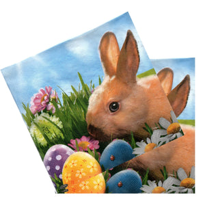 Servetele Decorative de Masa din Hartie Model cu Paste Pachet 10 Iepuras in Oua si Flori 3x33 cm Happy Easter Fericit