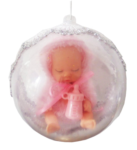 Ornament Glob de Craciun cu Figurina 10 cm cu Figurina Copilas Bebe Roz Fetita ce Doarme cu Sticluta Cadou Ornament