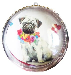 Globuri de Craciun Brad Cadou Acril 14 cm Catel Pug cu Flori Multicolore